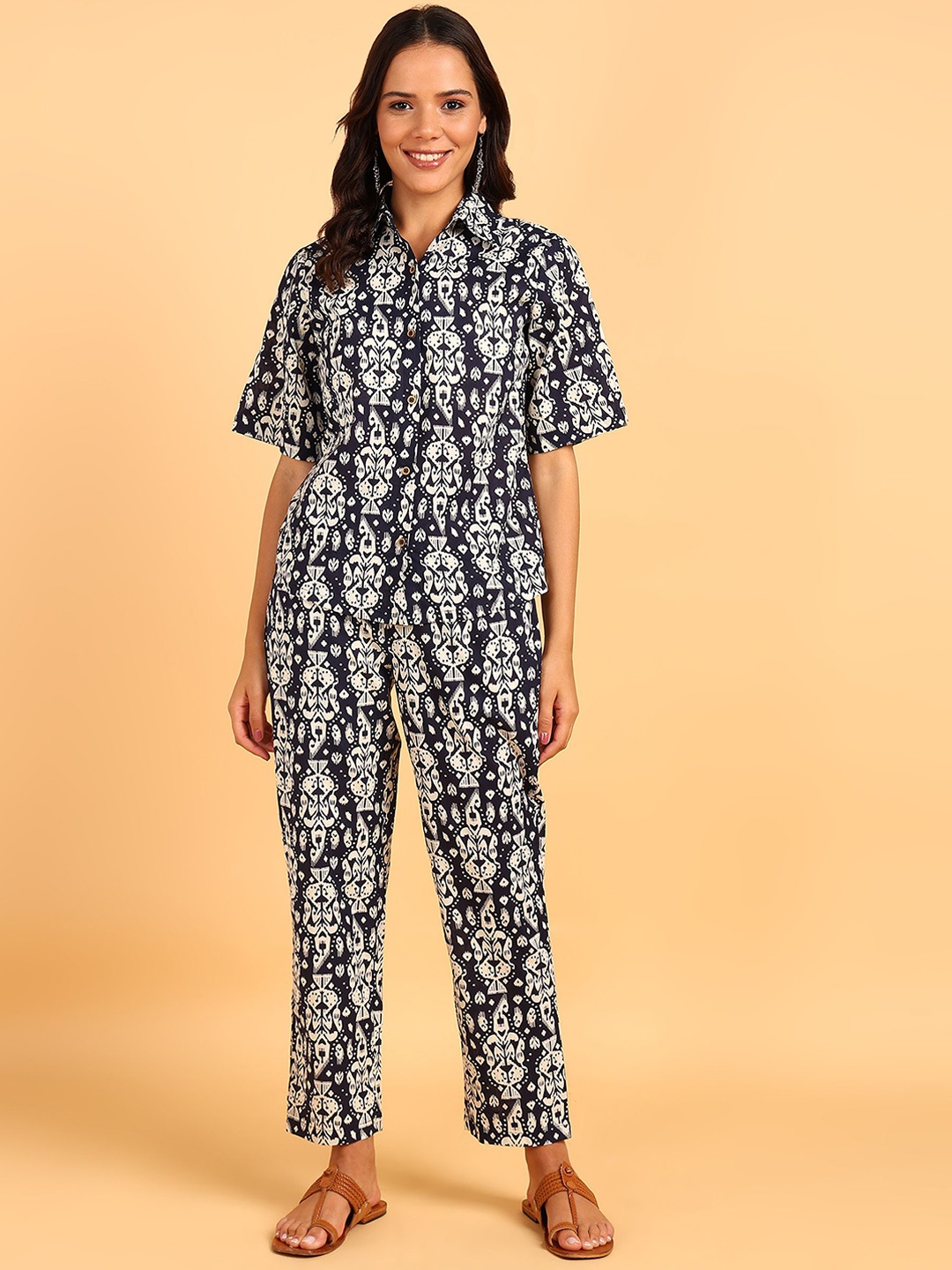 

ZNX Clothing Printed Pure Cotton Shirt With Trouser & Top, Navy blue
