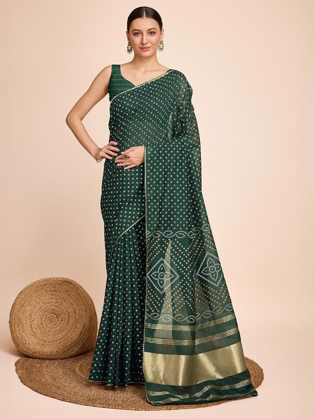 

AWRIYA Zari Bandhani Saree, Green