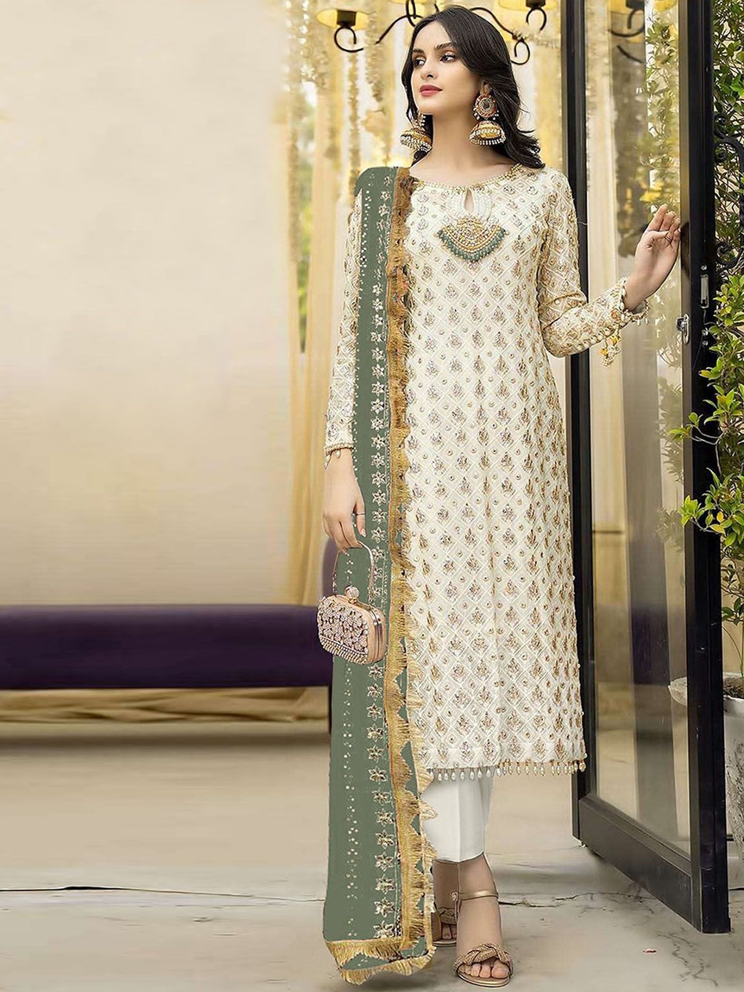 

ODETTE Floral Embroidered Beads and Stones Georgette Semi Stitched Dress Material, Cream