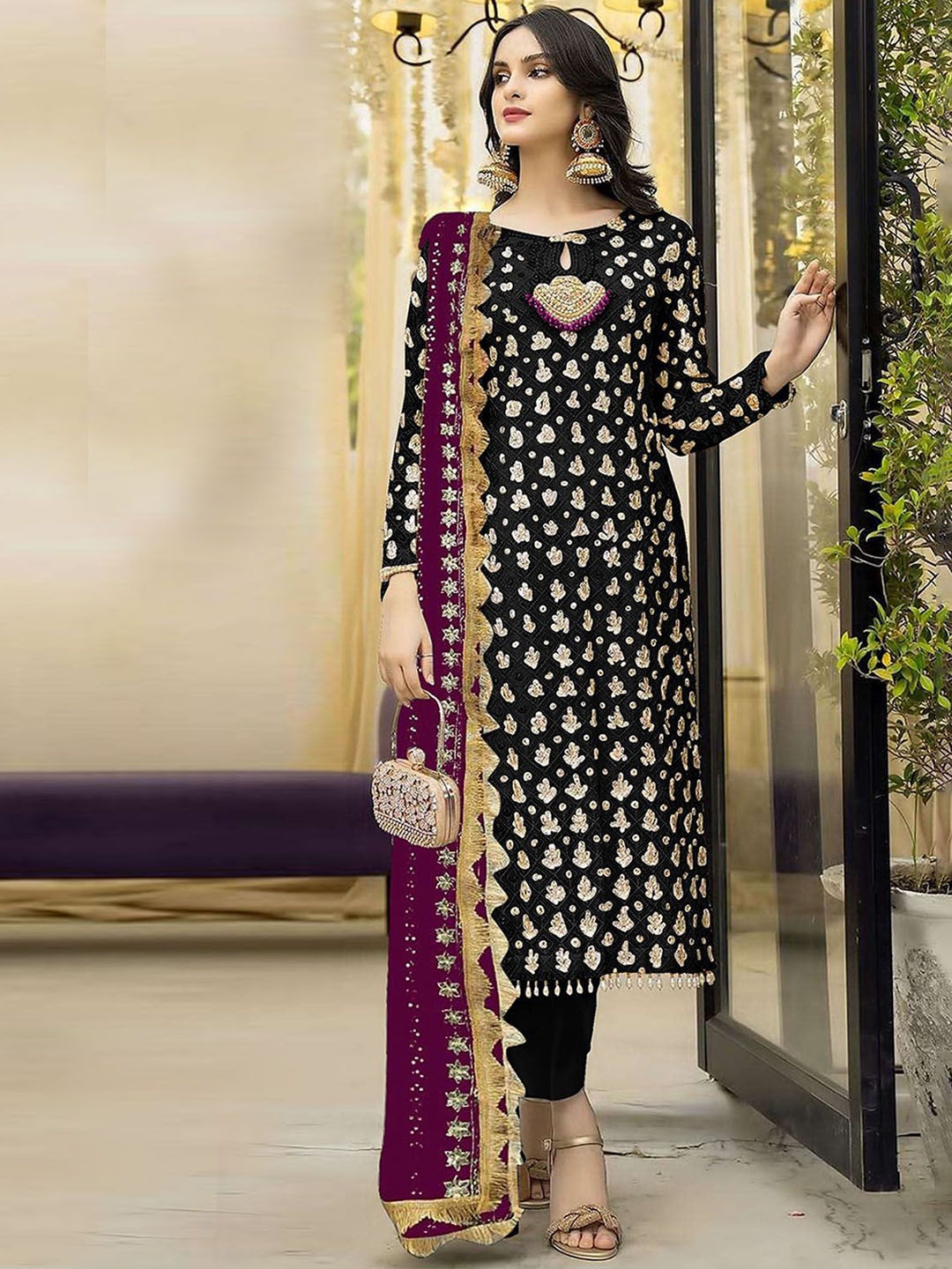 

ODETTE Floral Embroidered Beads and Stones Georgette Semi Stitched Dress Material, Black