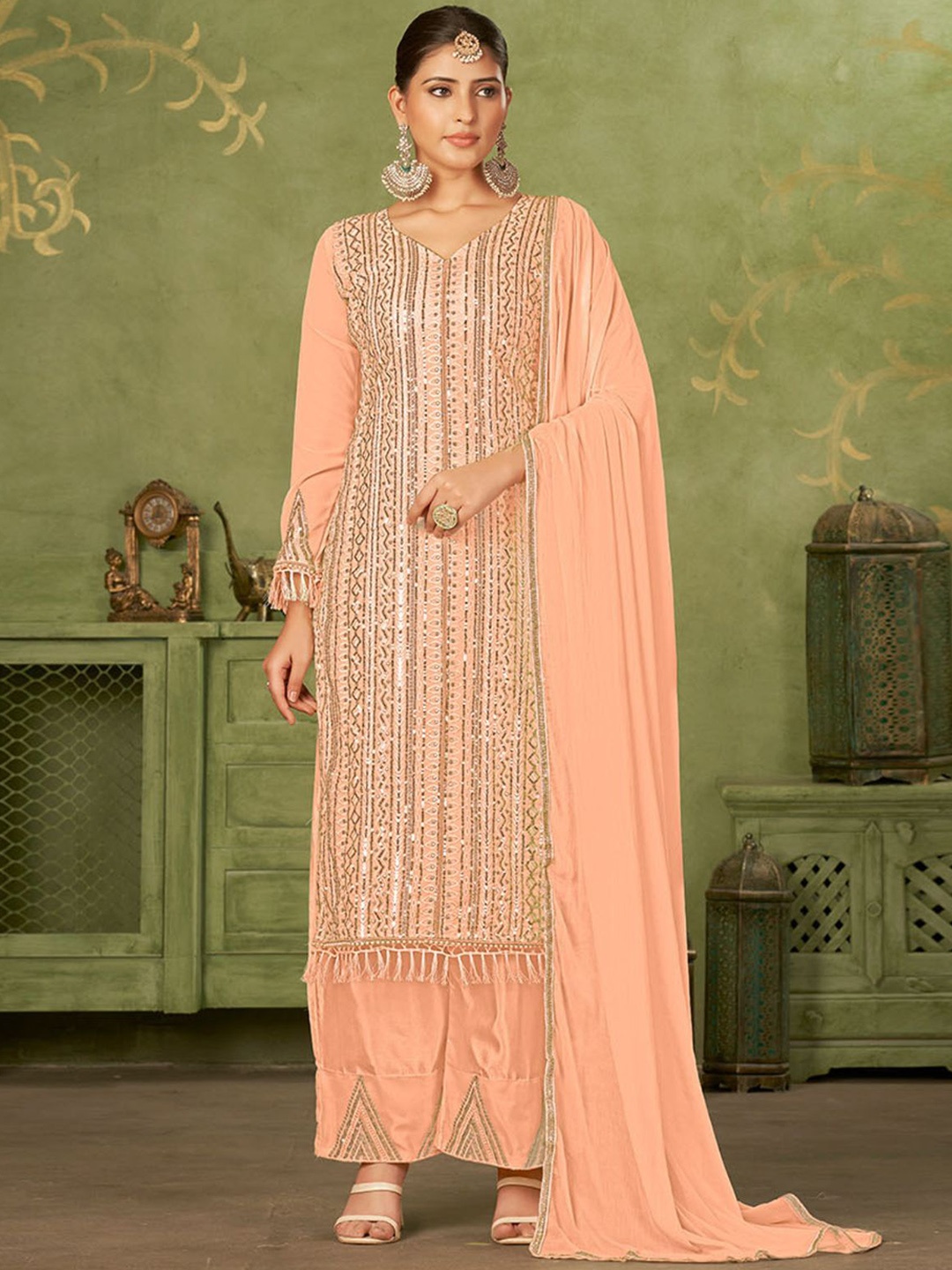 

ODETTE Embellished Sequinned Straight Kurta with Trousers & Dupatta, Peach