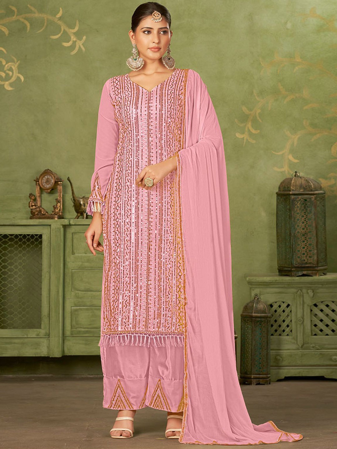 

ODETTE Floral Embroidered Beads and Stones Georgette Semi Stitched Dress Material, Pink