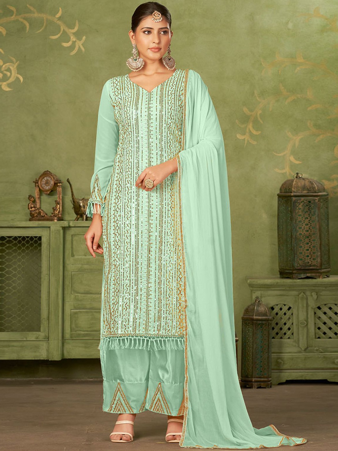 

ODETTE Regular Sequinned Straight Kurta with Trousers & With Dupatta, Green