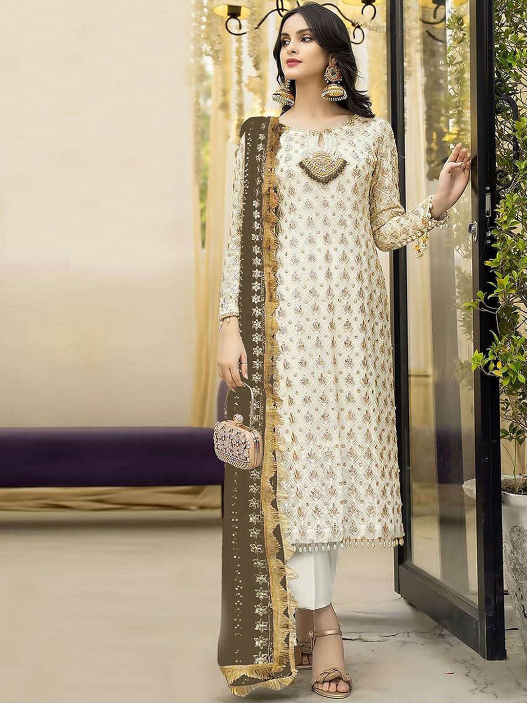 

ODETTE Embroidered Straight Kurta with Trousers & Dupatta, Cream