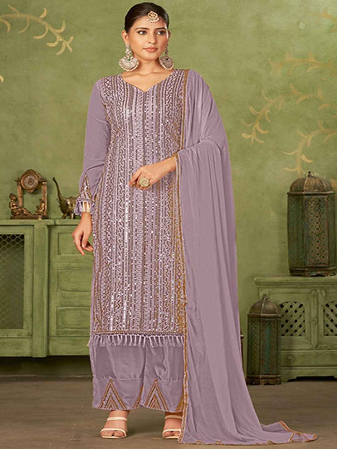 

ODETTE Regular Sequinned Straight Kurta with Trousers & With Dupatta, Purple