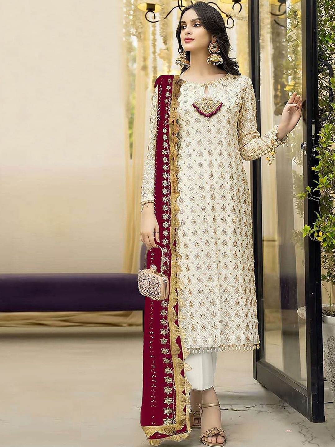 

ODETTE Ethnic Motifs Embroidered Key Hole Neck Straight Kurta & Trousers With Dupatta, Cream