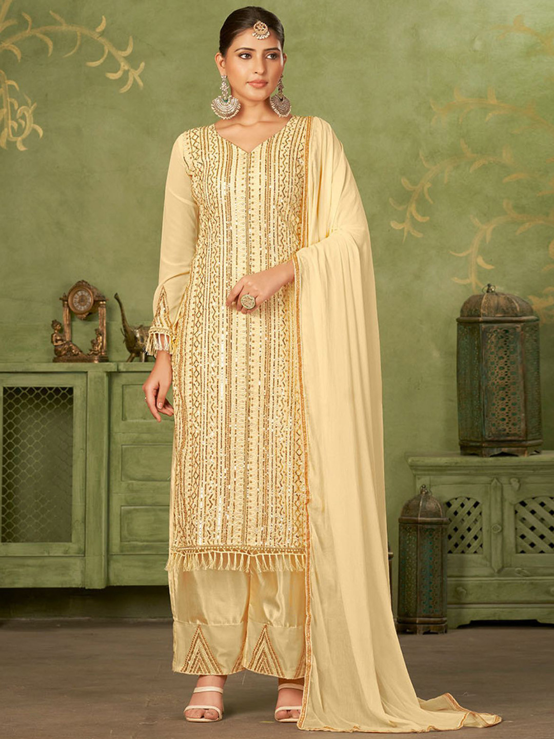 

ODETTE Embroidered Sequinned Straight Kurta & Trousers With Dupatta, Beige