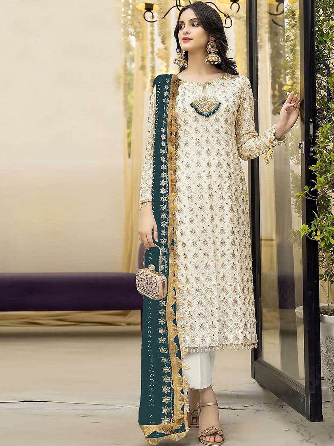 

ODETTE Ethnic Motifs Embroidered Key Hole Neck Straight Kurta & Trousers With Dupatta, Cream