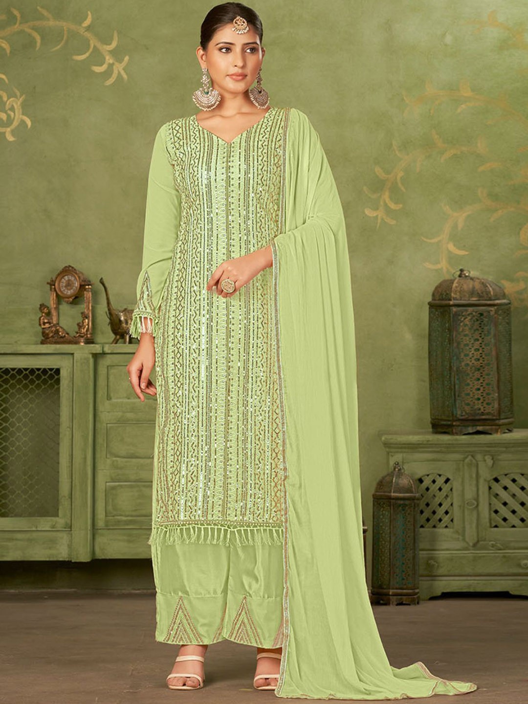 ODETTE Geometric Embellished Beads & Stones Georgette Semi-Stitched Dress Material, Green