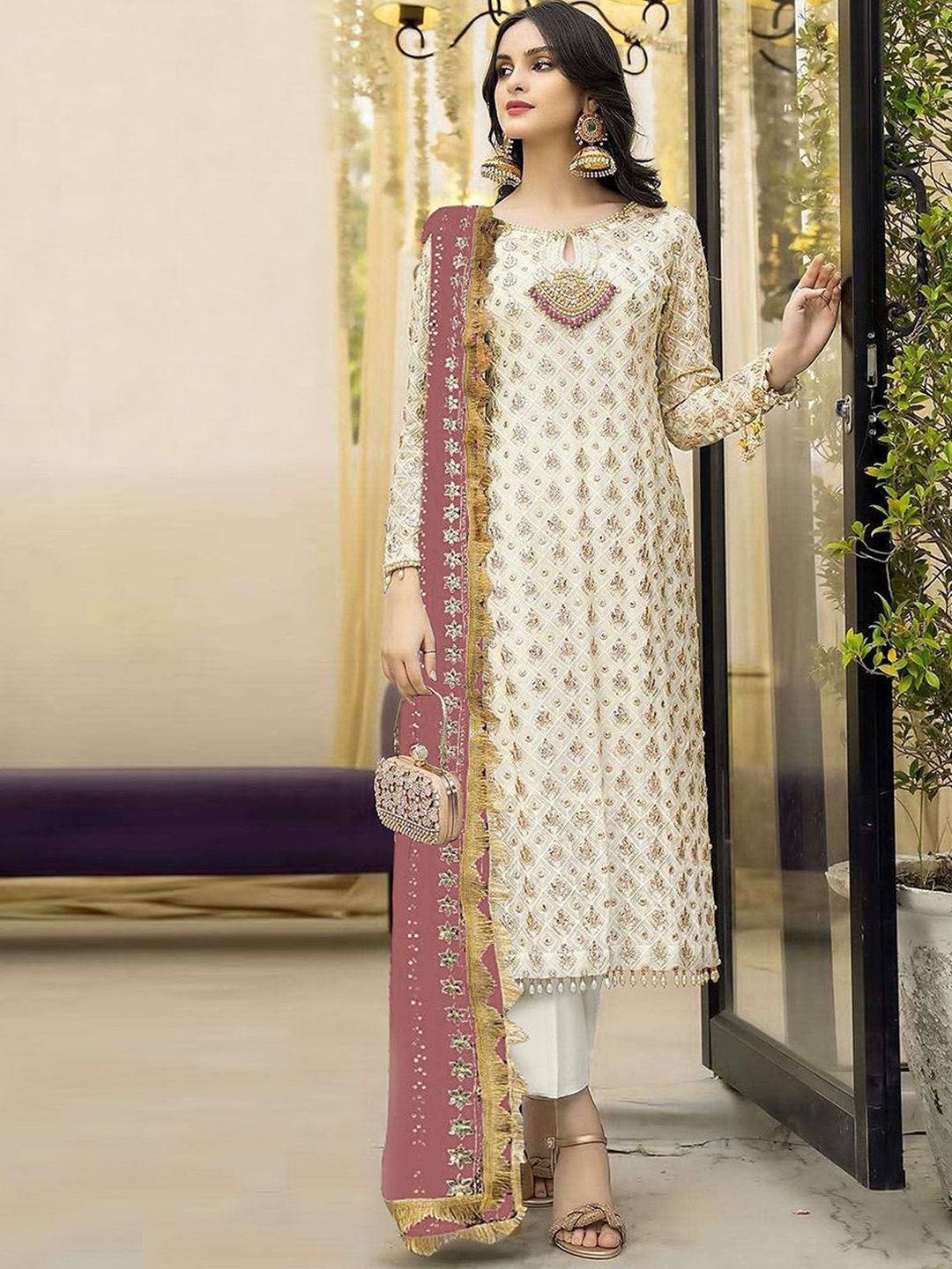 

ODETTE Floral Embroidered Sequinned Georgette Semi-Stitched Dress Material, Cream