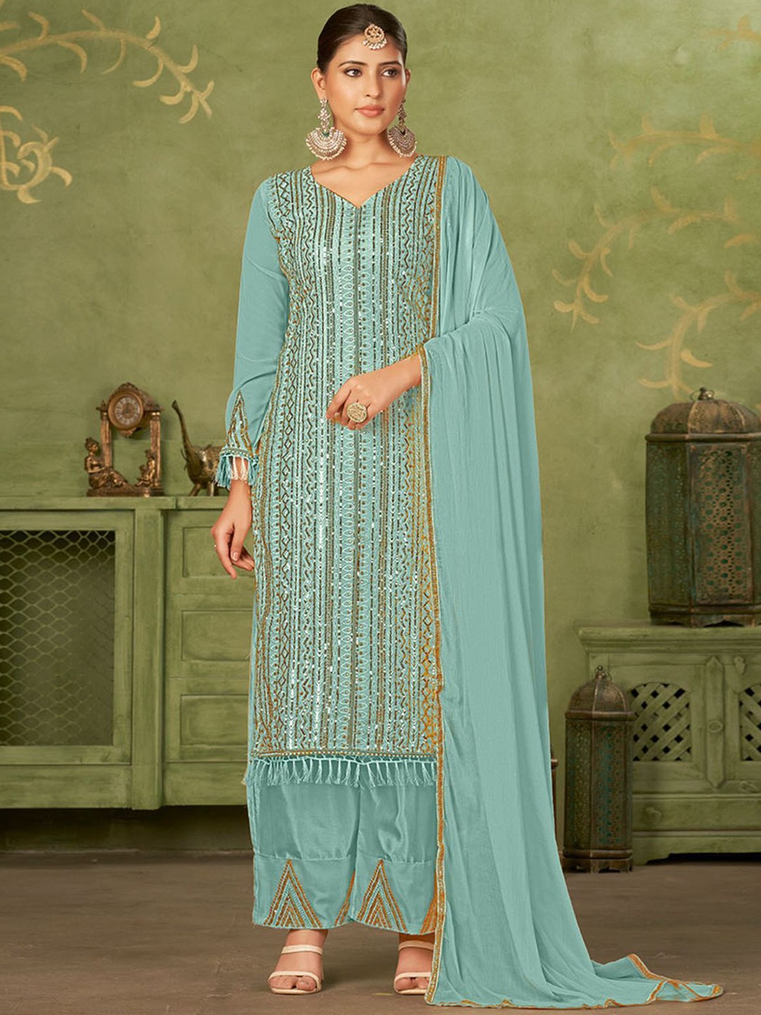 

ODETTE Geometric Embellished Beads & Stones Georgette Semi-Stitched Dress Material, Blue