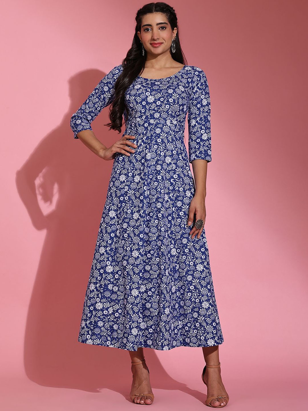 

Poshak Hub Floral Printed Pure Cotton A-Line Kurta, Blue