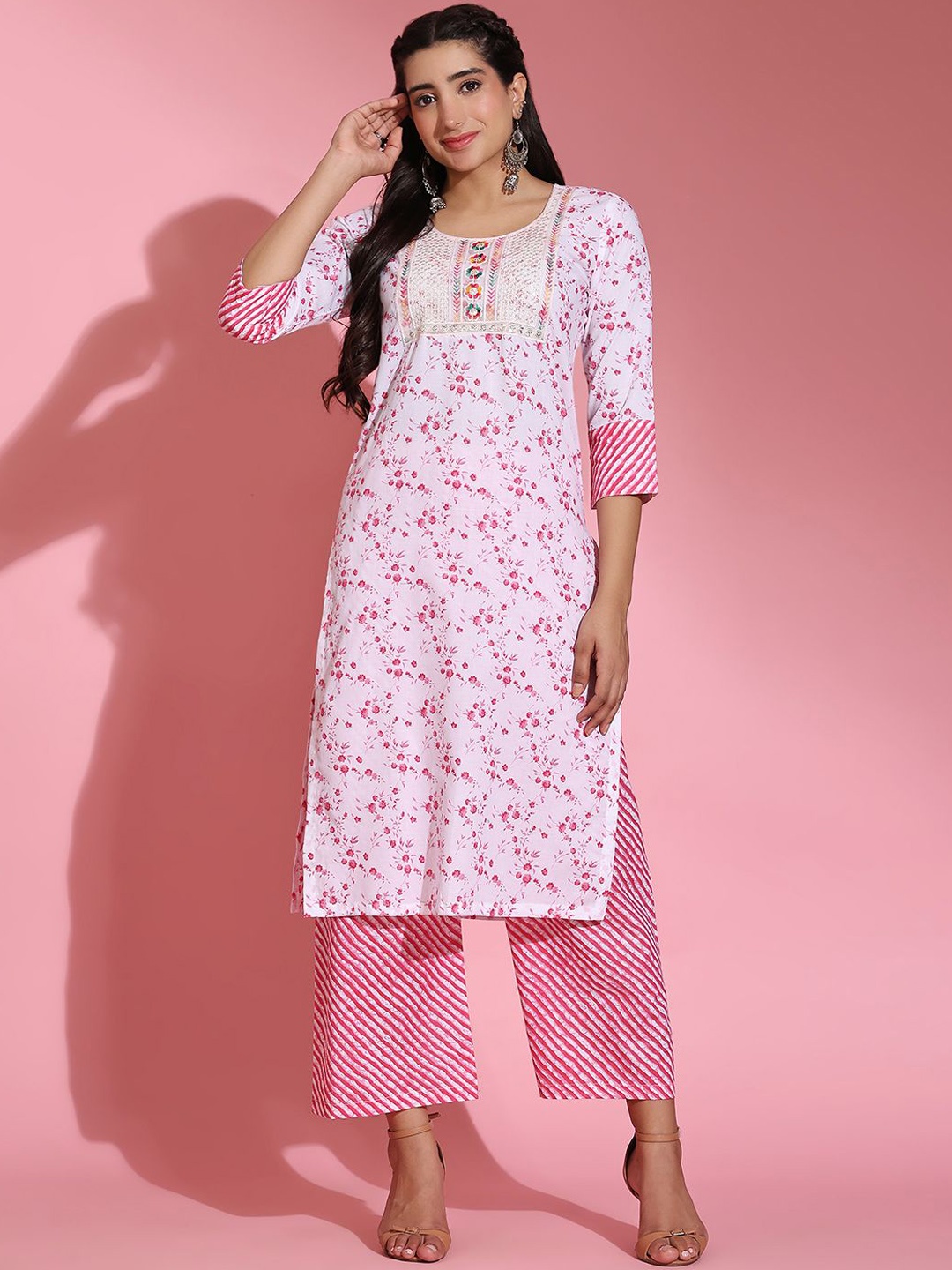 

Poshak Hub Floral Printed Thread Work Pure Cotton Straight Kurta With Palazzos, Pink