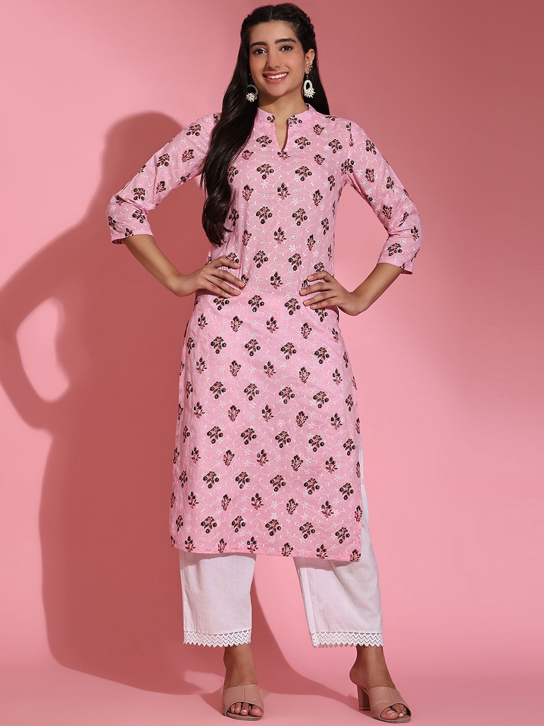 

Poshak Hub Floral Embroidered Chikankari Mandarin Collar Cotton Straight Kurta, Pink