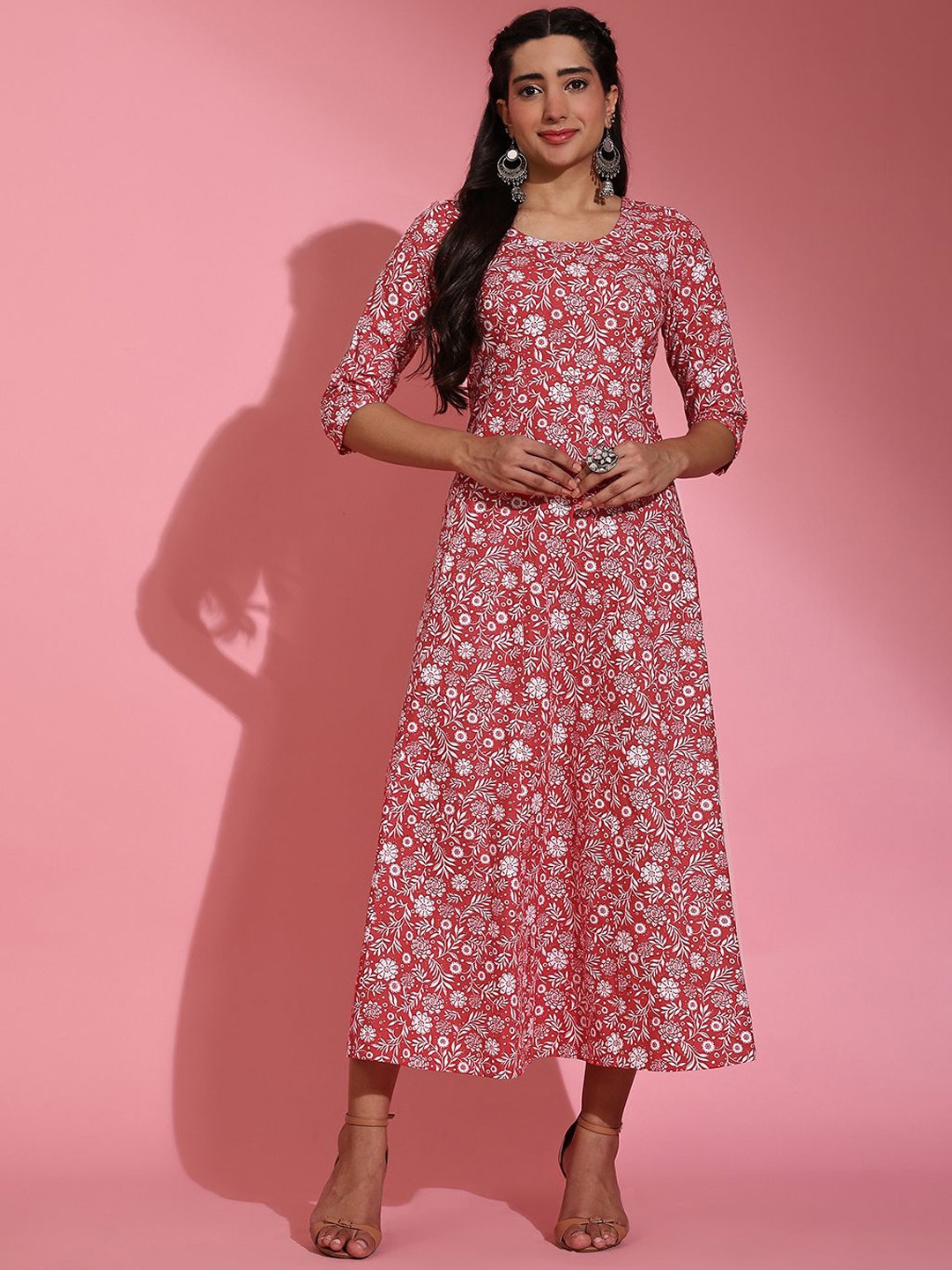 

Poshak Hub Floral Printed Pure Cotton A-Line Kurta, Red