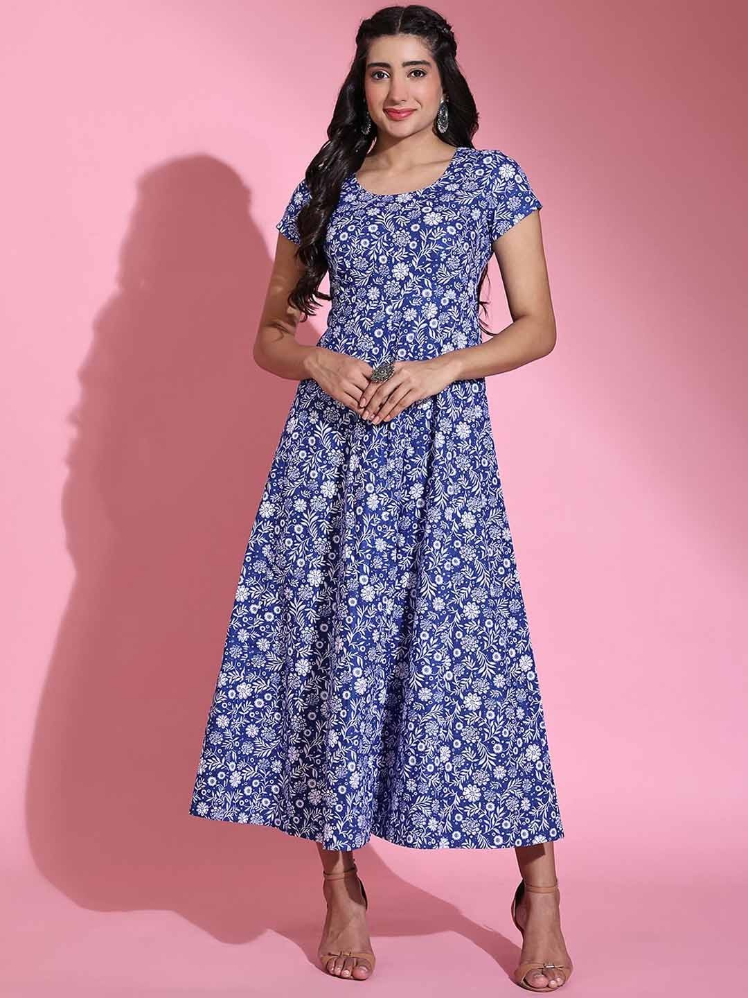 

Poshak Hub Floral Printed Pure Cotton A-Line Kurta, Blue