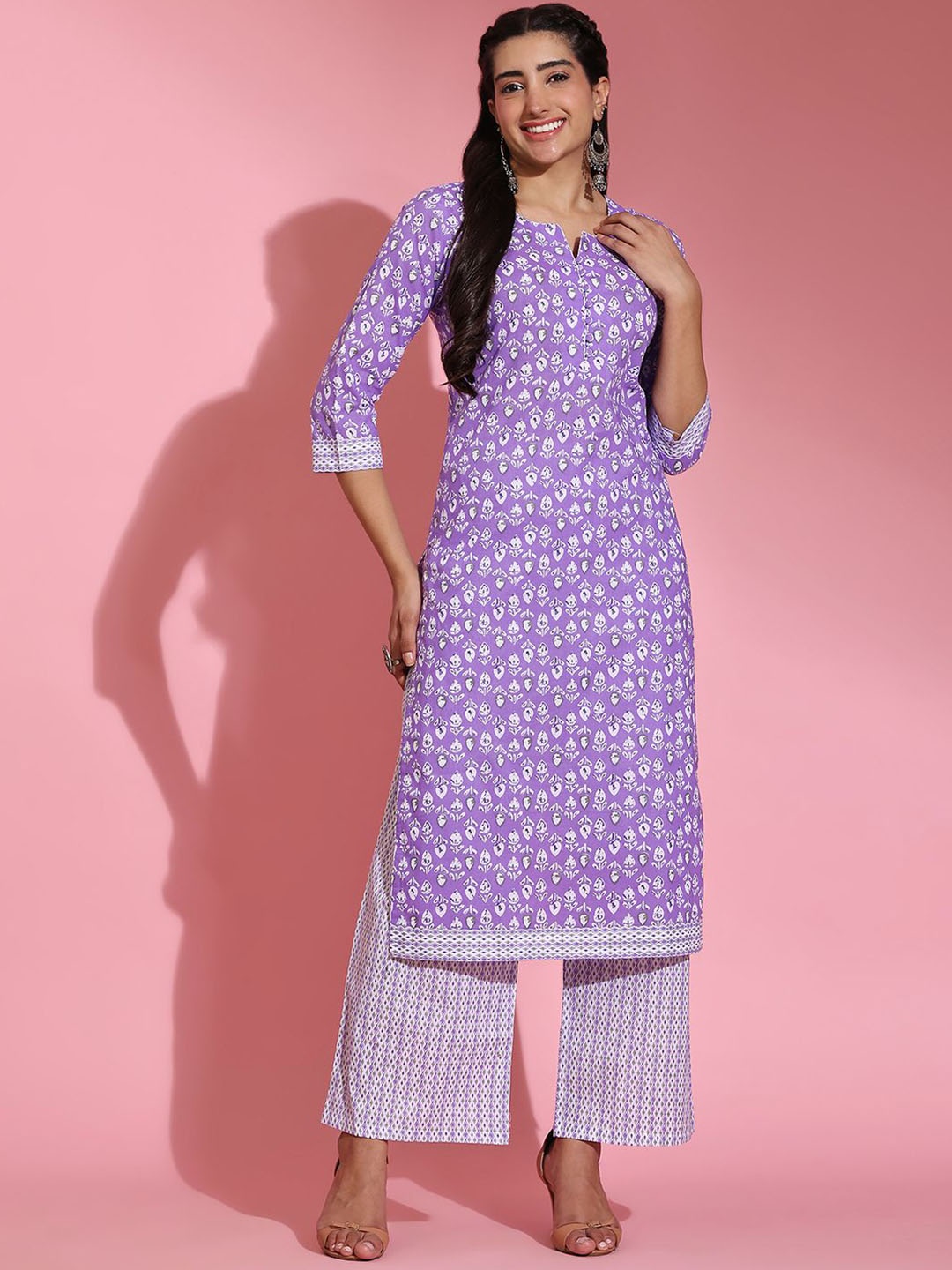 

Poshak Hub Floral Printed Pure Cotton Straight Kurta With Palazzos, Lavender