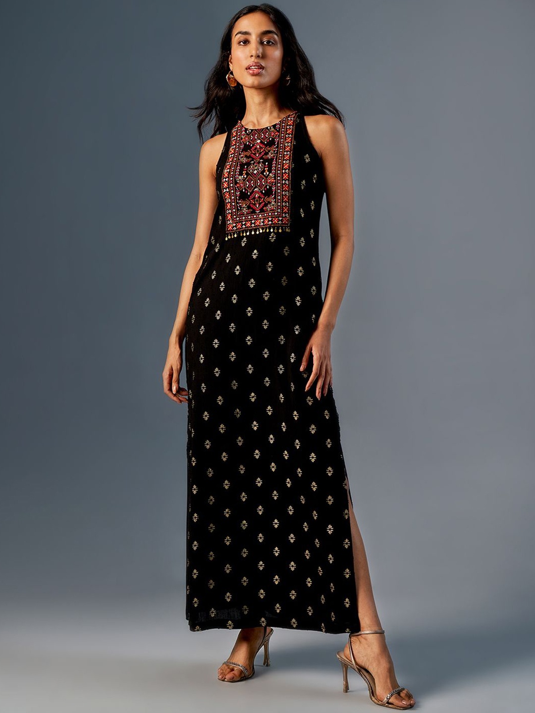 

Global Desi Embroidered Sleeveless A-line Maxi Ethnic Dress, Black