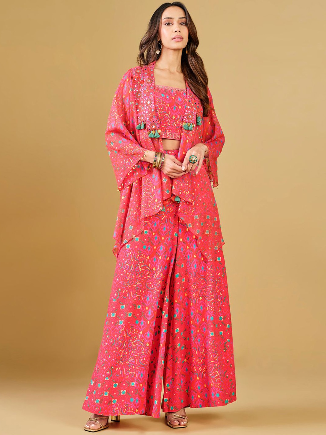 

Global Desi Printed Square Neck Top With Shrug & Palazzos, Orange