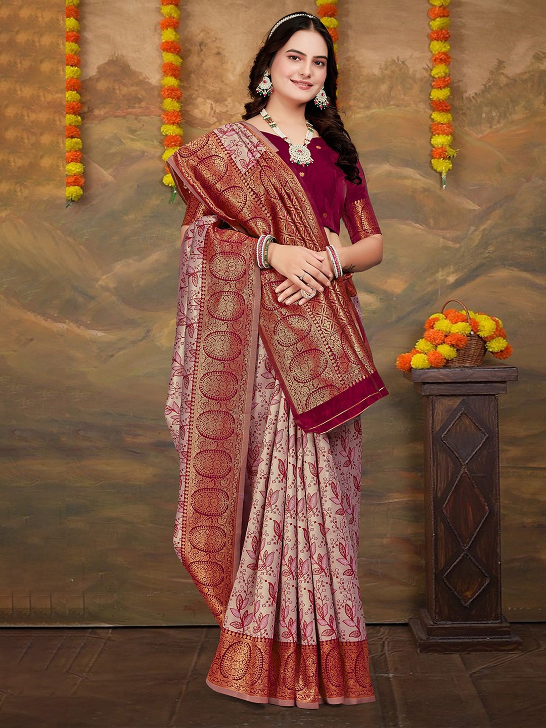 

Om Shantam Sarees Woven Design Zari Pochampally Saree, Pink