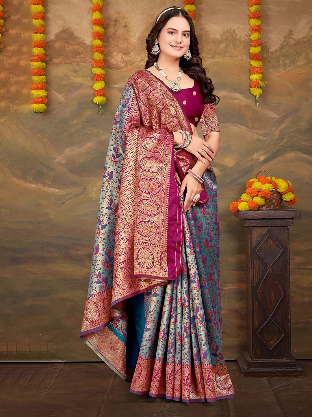 

Om Shantam Sarees Woven Design Zari Kanjeevaram Saree, Turquoise blue