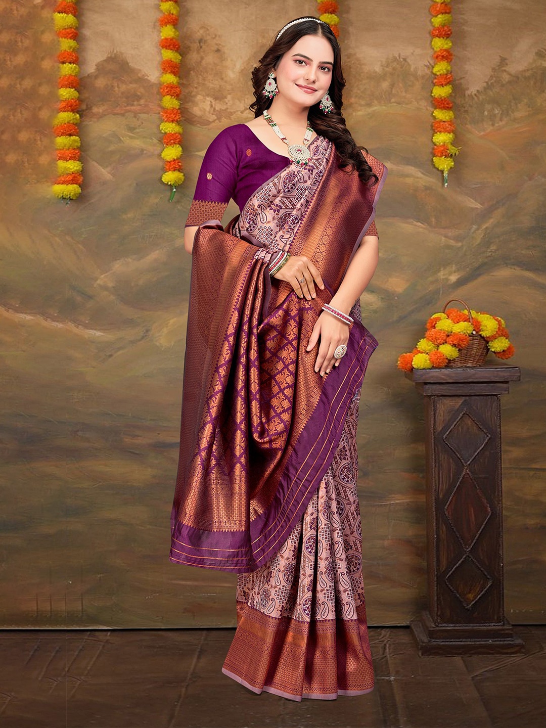 

Om Shantam Sarees Woven Design Zari Kanjeevaram Saree, Pink