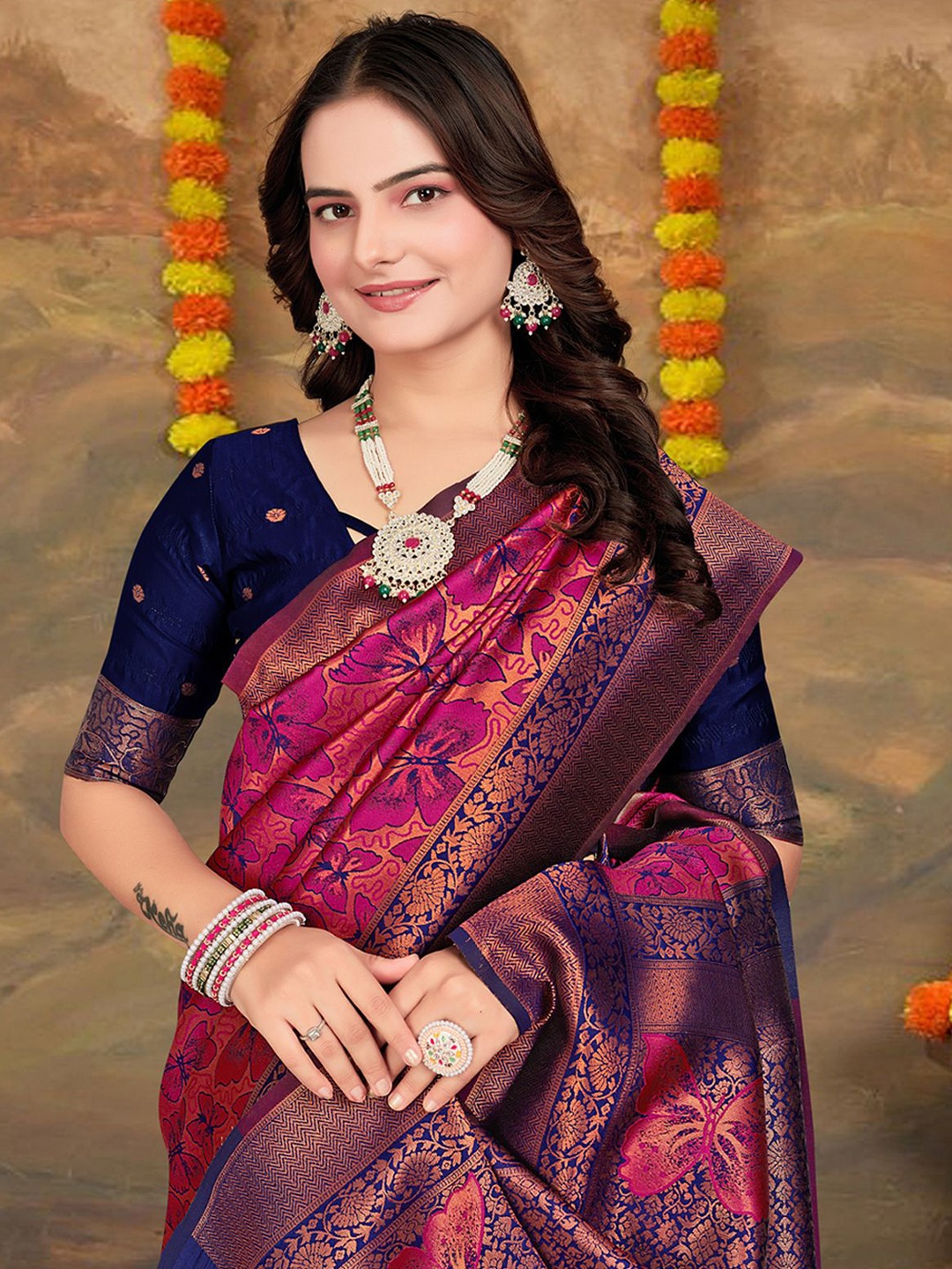 

Om Shantam Sarees Woven Design Zardozi Kanjeevaram Saree, Magenta