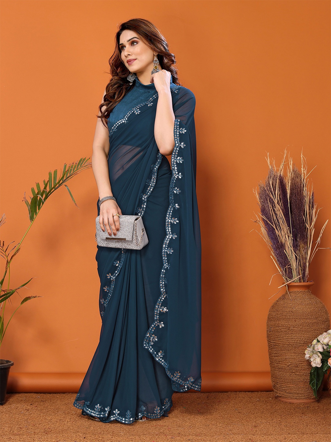 

MAGMINA Mirror Work Pure Georgette Saree, Turquoise blue