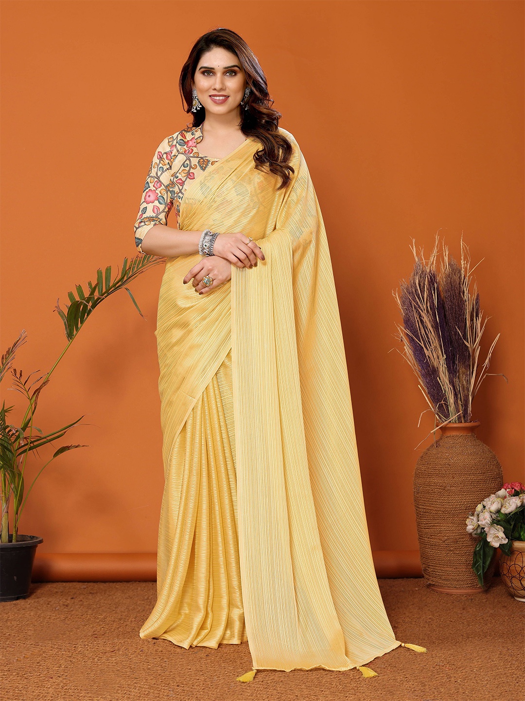 

MAGMINA Striped Zari Satin Saree, Yellow