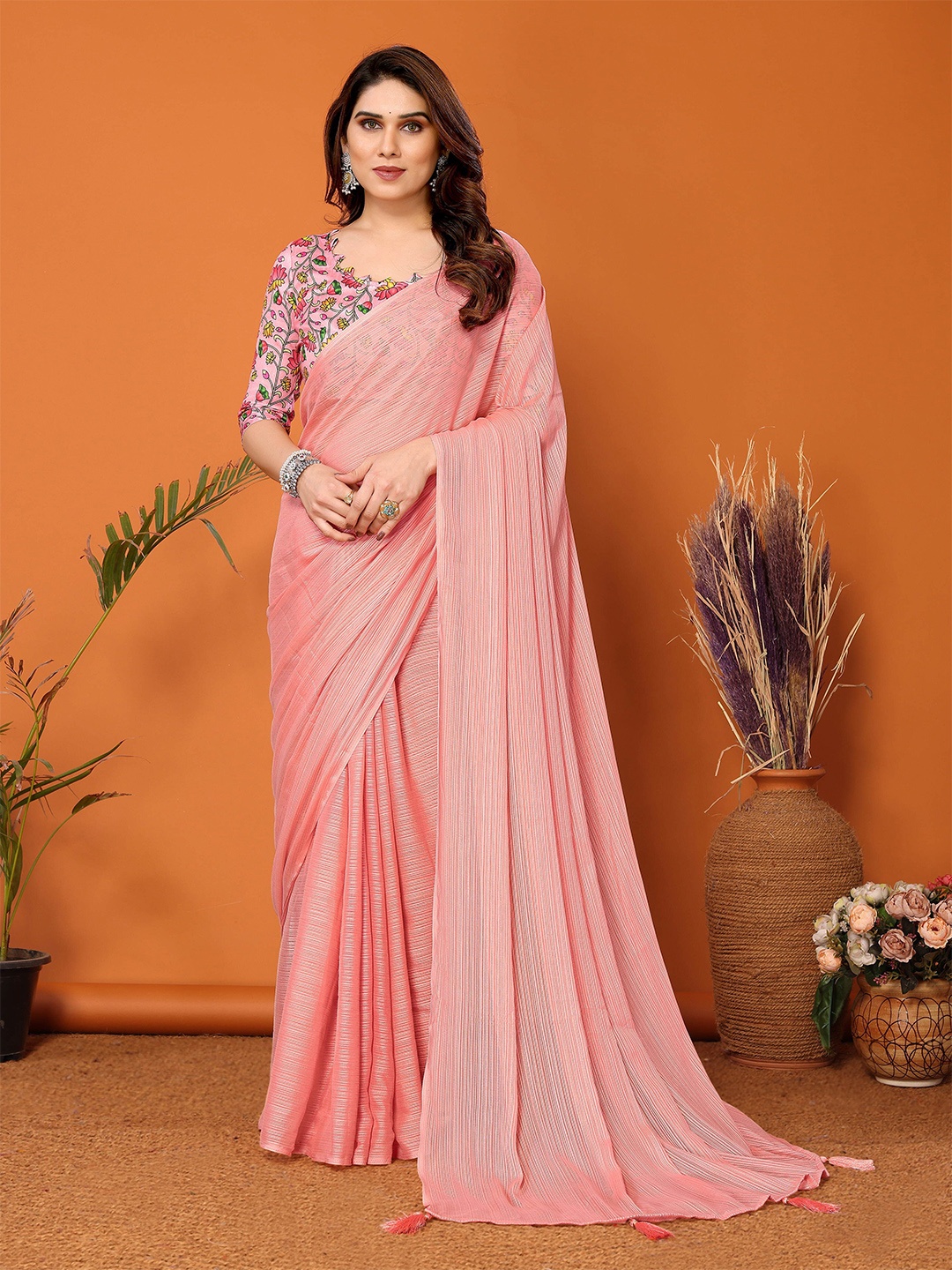 

MAGMINA Striped Satin Banarasi Saree, Peach