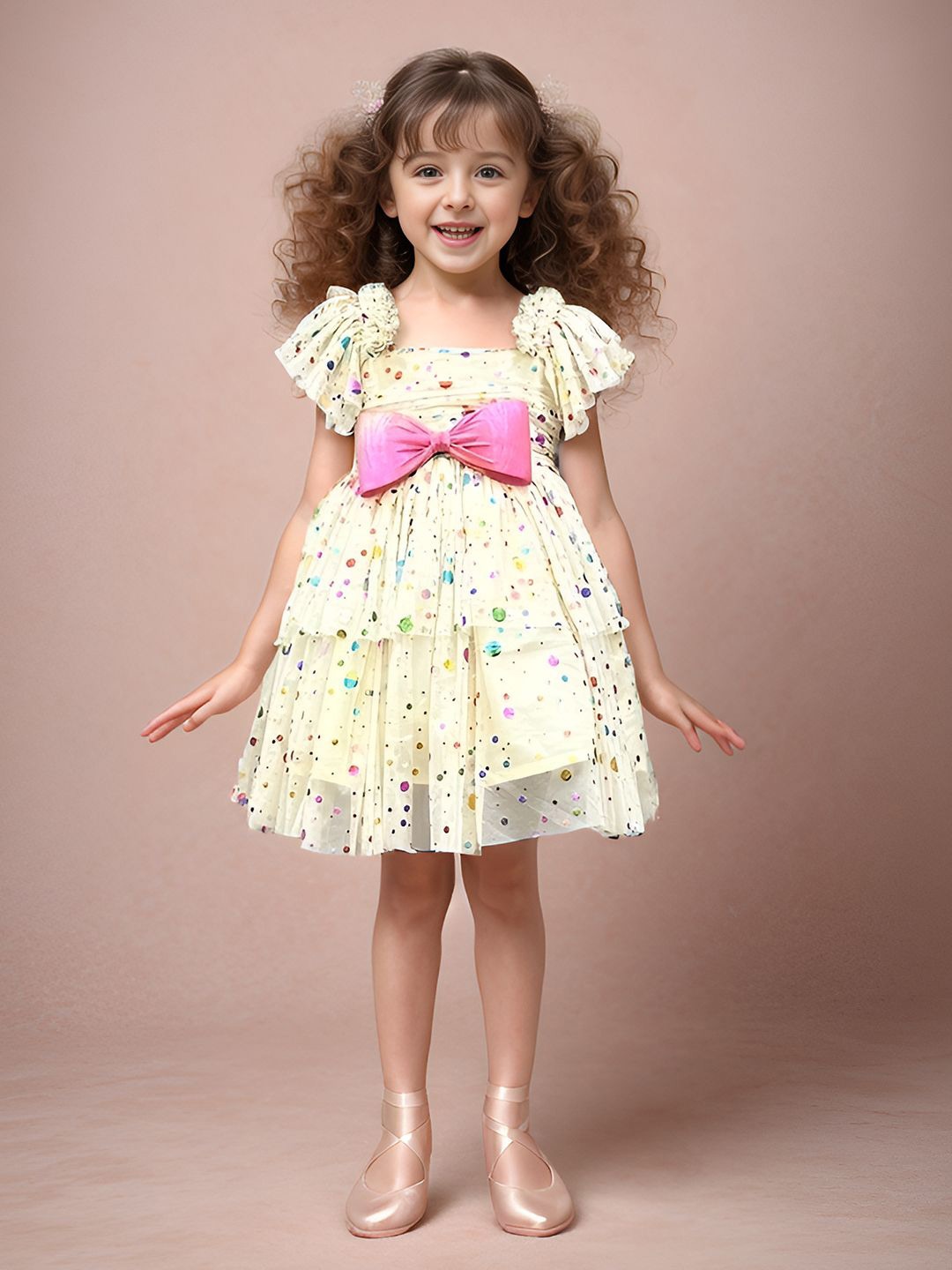 

A.T.U.N. Girls Polka Dots Above Knee Puff Sleeve Fit & Flare Dress, Off white