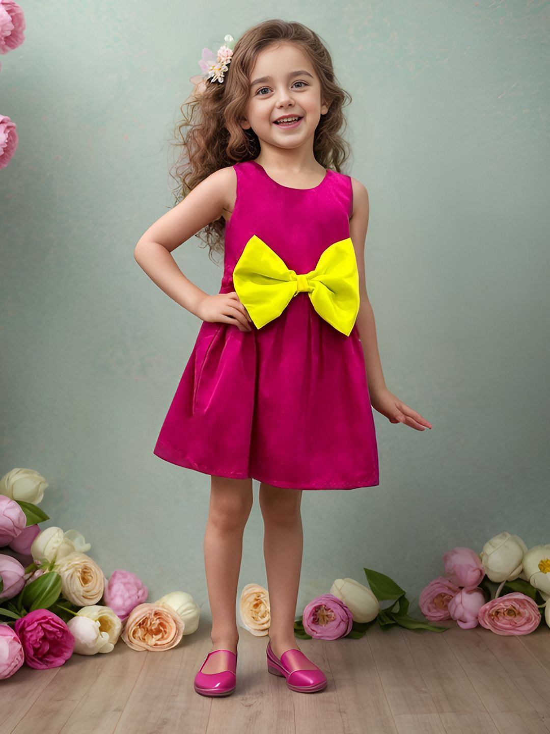 

A.T.U.N. Girls Solid Above Knee Sleeveless Bow Detail A-Line Dress, Fuchsia