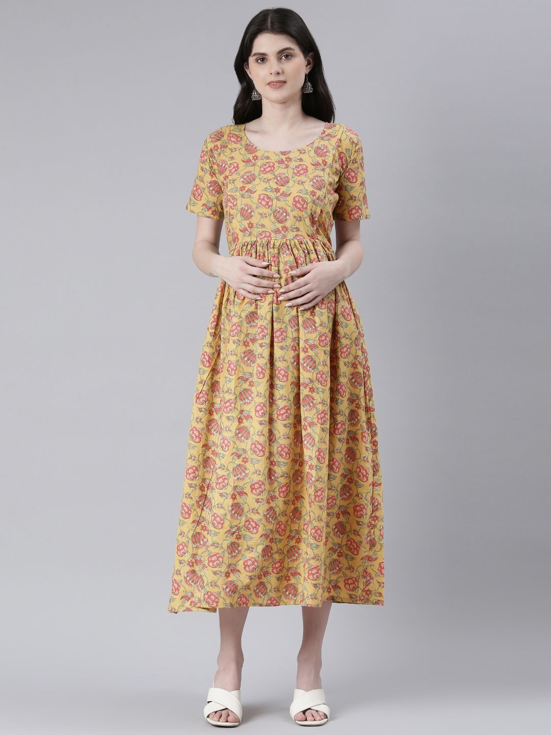 

Swishchick Ethnic Motifs Print Cotton Maternity Fit and Flare Midi Dress, Yellow