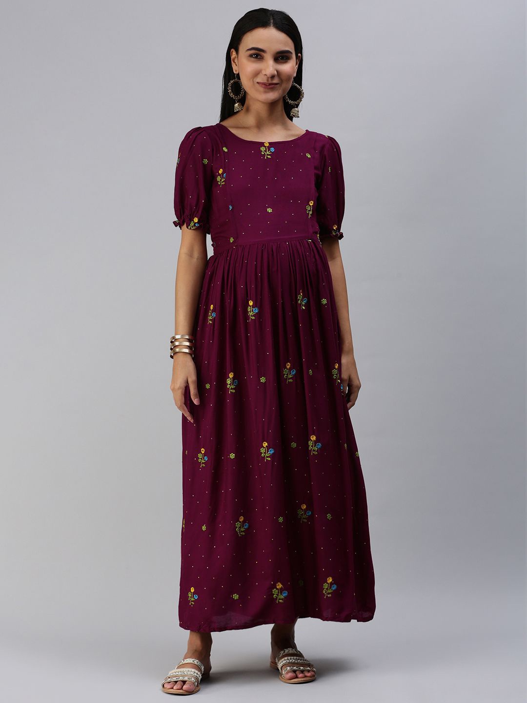 

Swishchick Ethnic Motifs Embroidered Puff Sleeves Maternity Fit and Flare Dress, Magenta