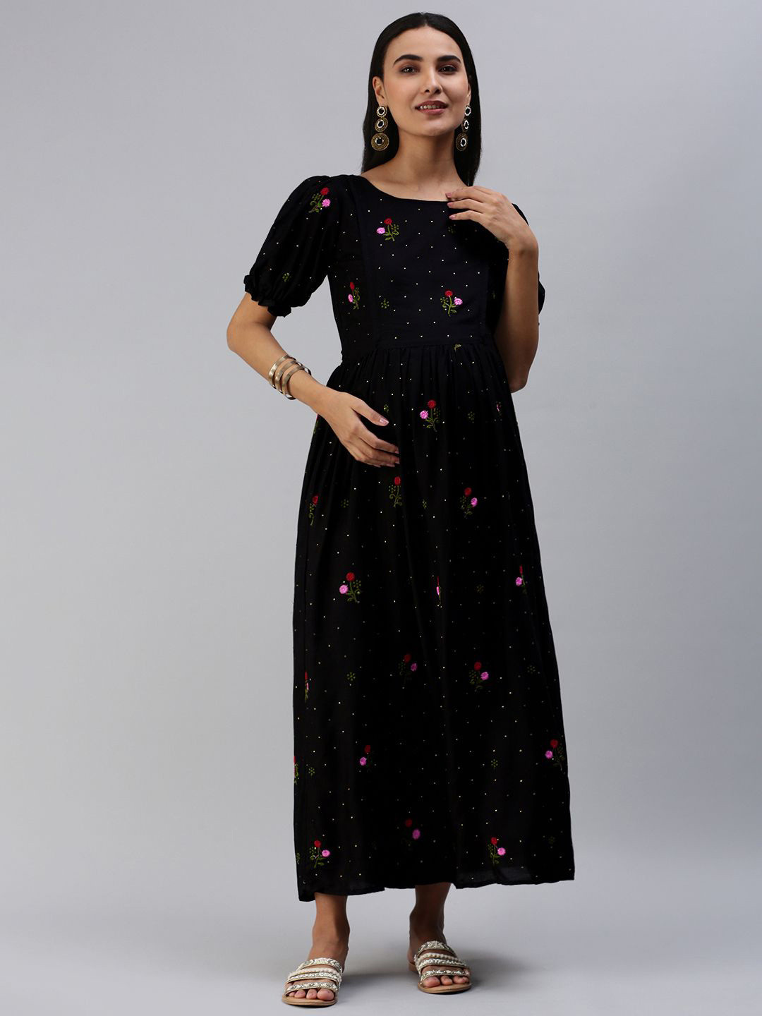

Swishchick Embroidered Maternity Fit and Flare Maxi Dress, Black