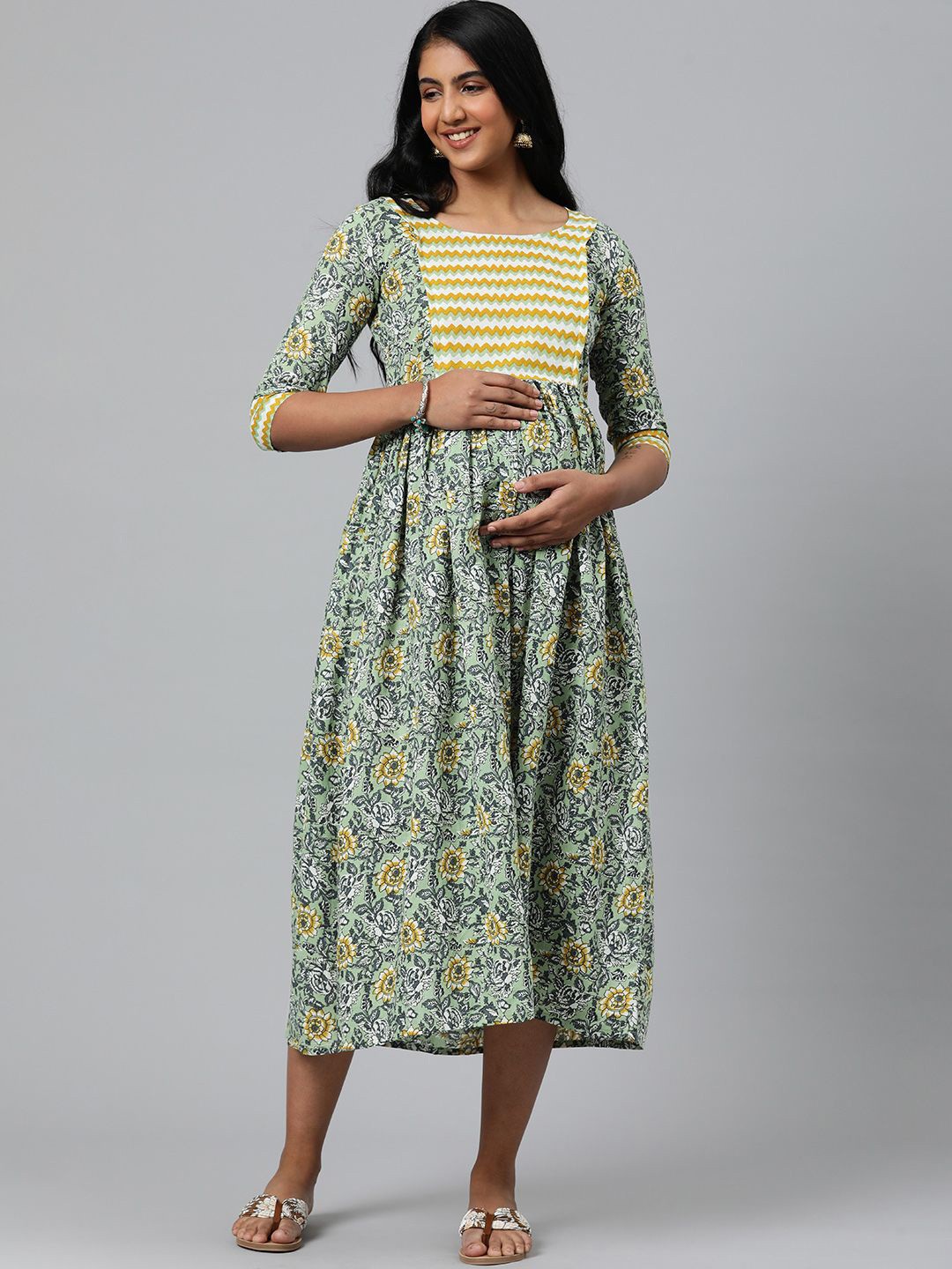 

Swishchick Floral Print Maternity A-Line Midi Dress, Green