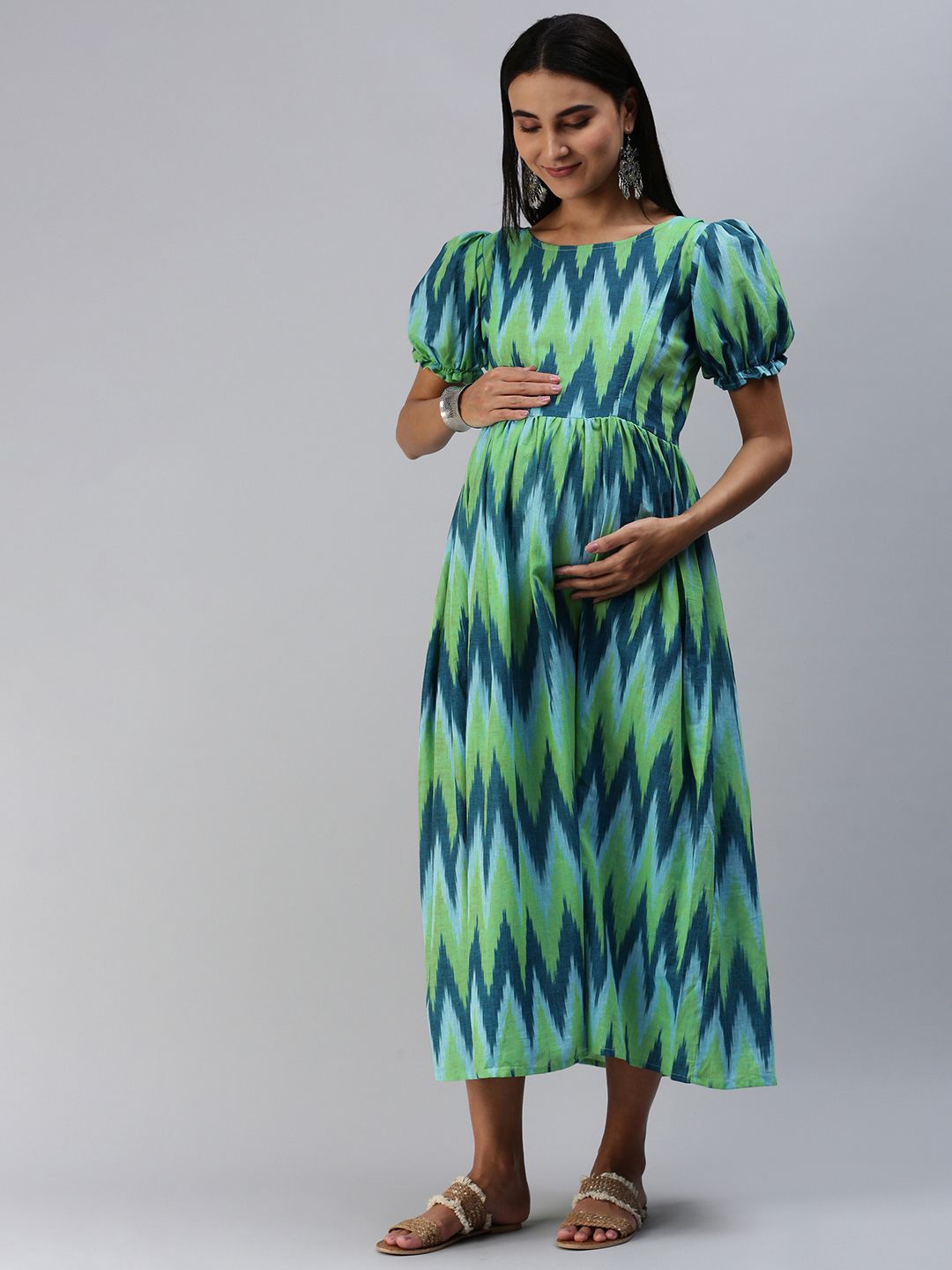 

Swishchick Print Puff Sleeve Maternity Empire Midi Dress, Green