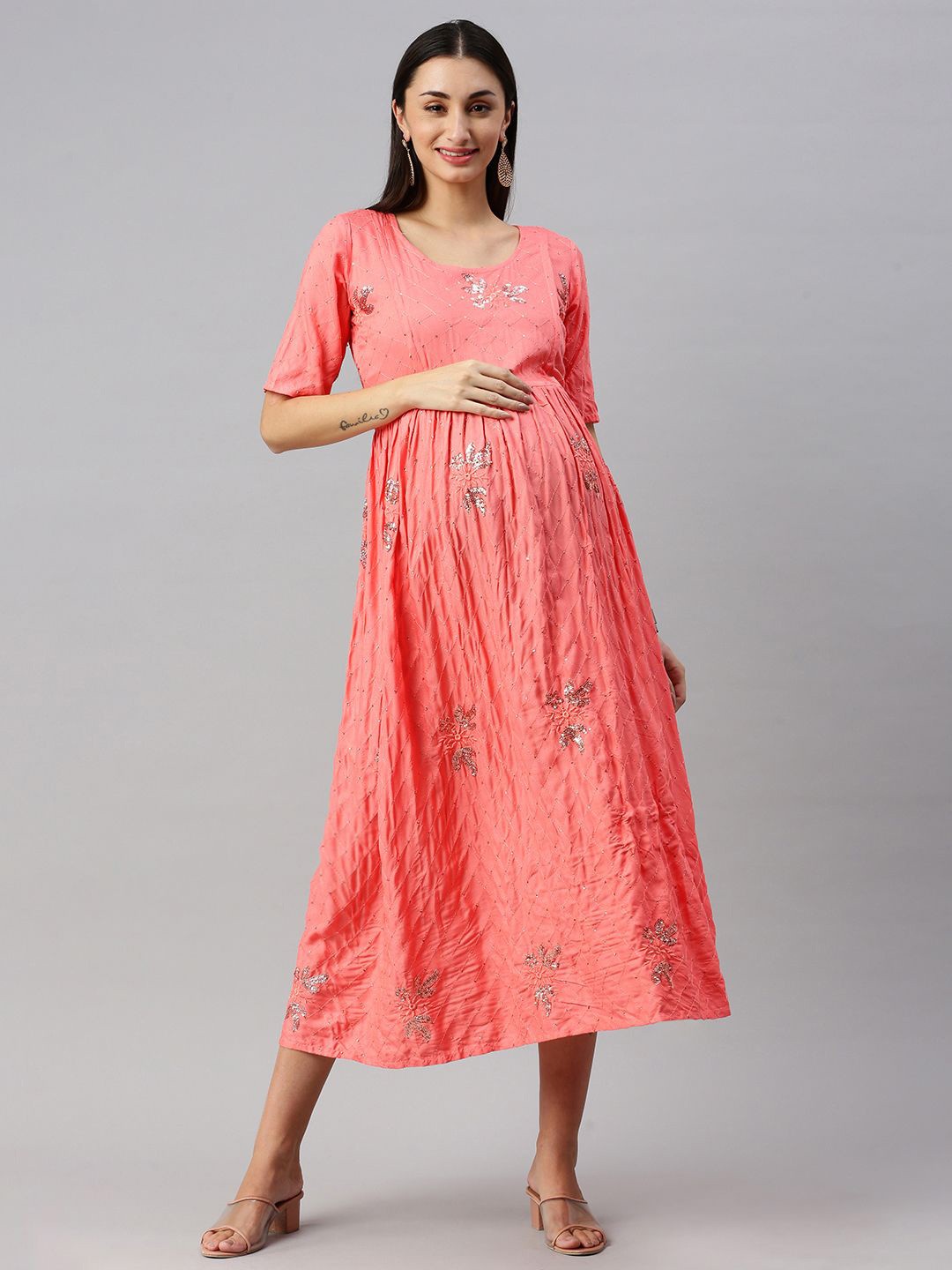 

Swishchick Ethnic Motifs Embroidered Maternity A-Line Midi Dress, Peach