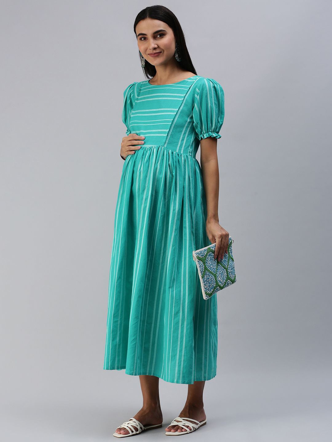 

Swishchick Striped Puff Sleeve Maternity Fit & Flare Midi Dress, Blue