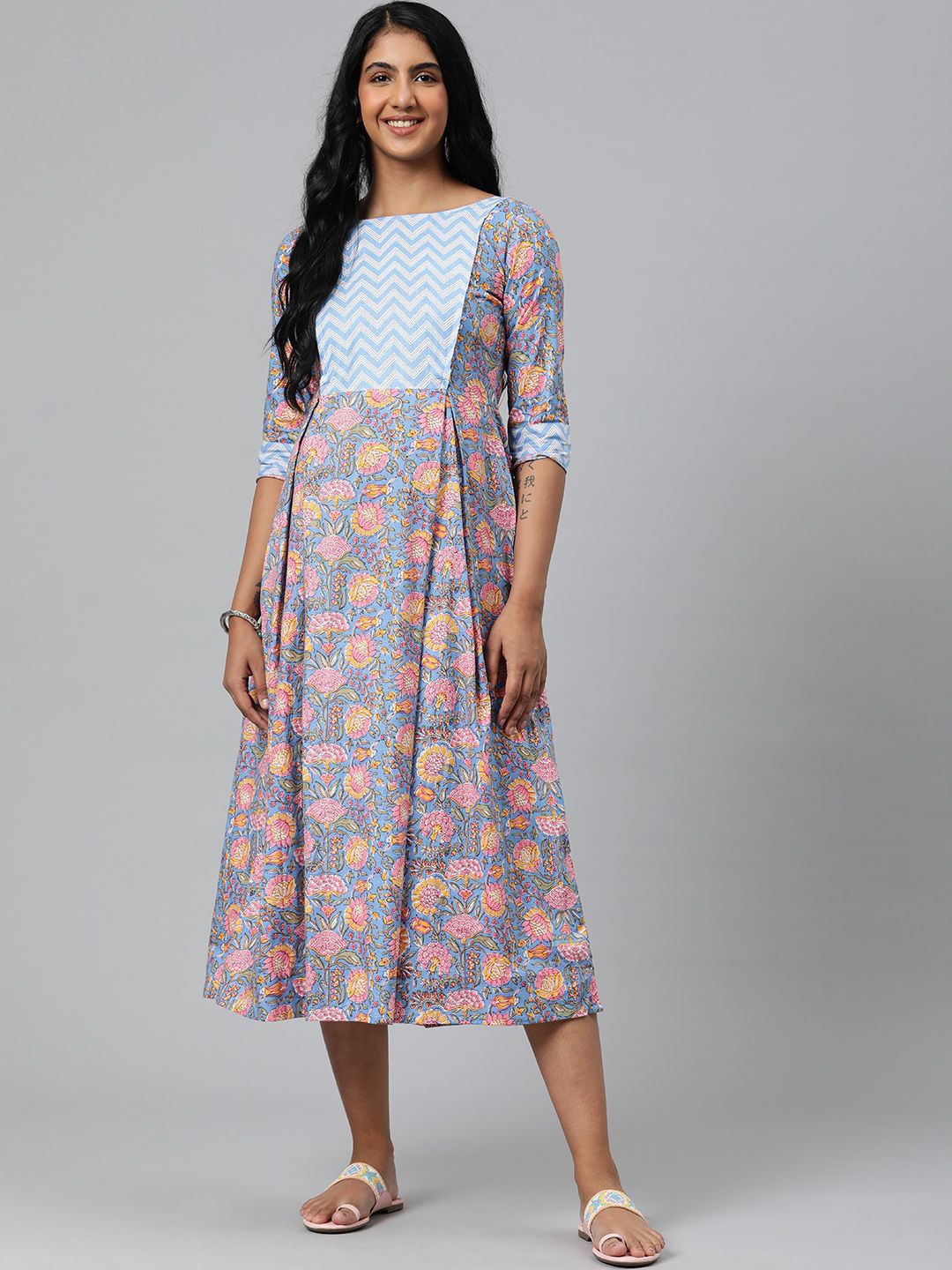 

Swishchick Ethnic Motifs Print Maternity A-Line Midi Dress, Blue