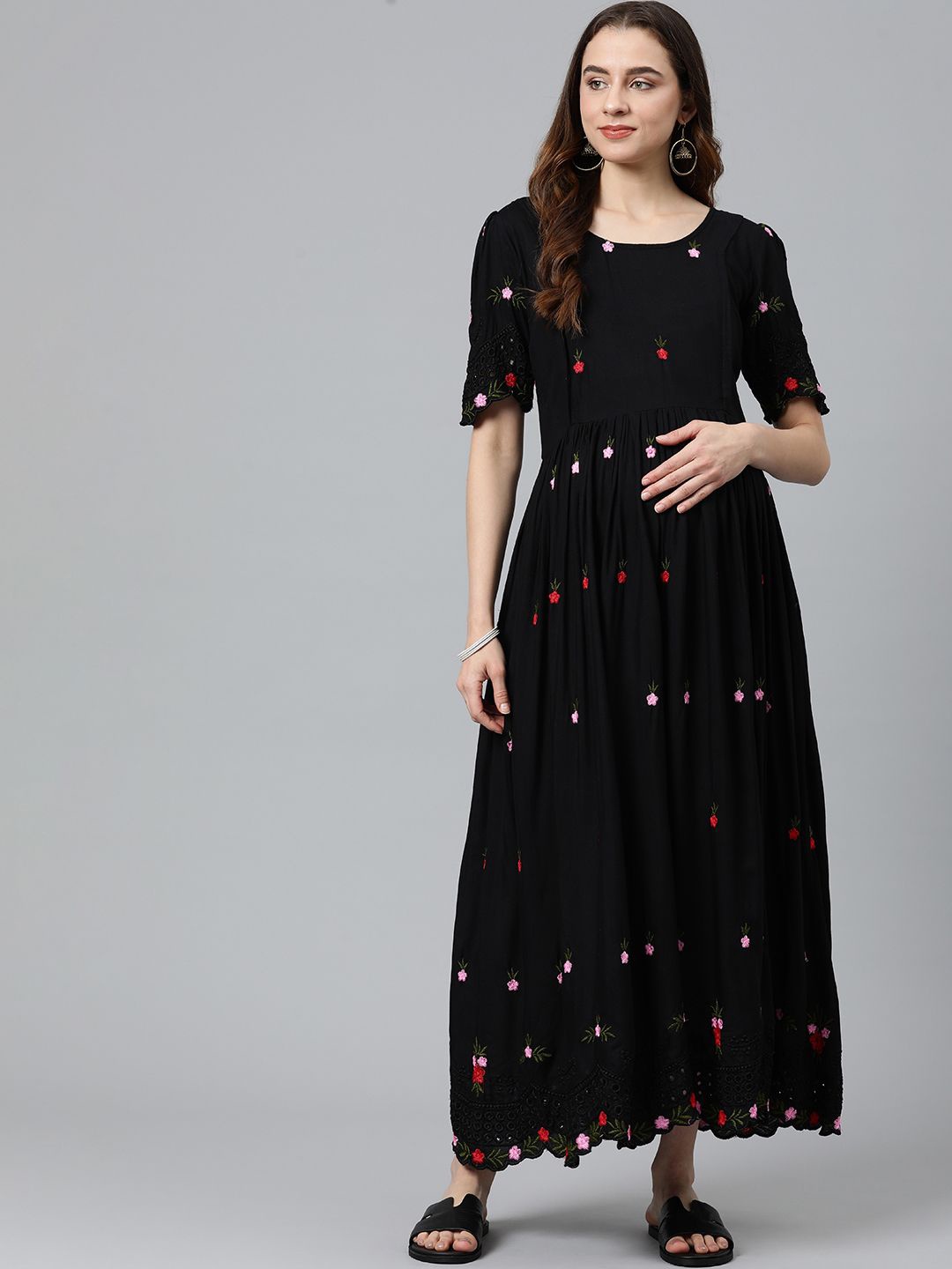 

Swishchick Floral Embroidered Maternity Maxi Dress, Black