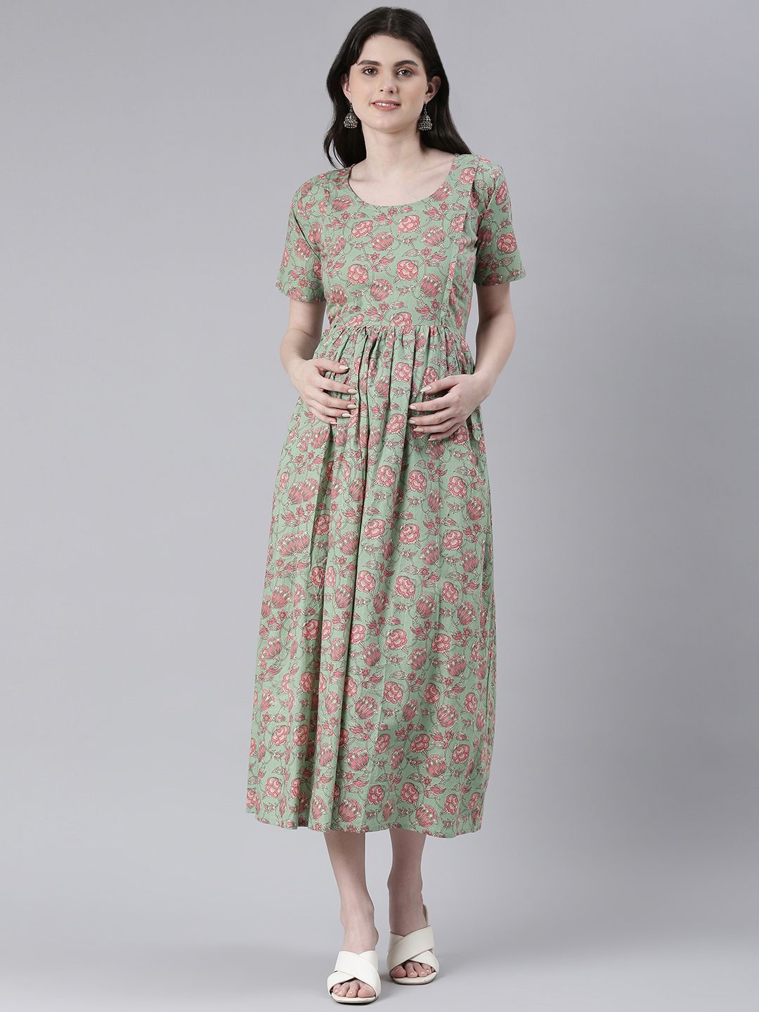 

Swishchick Floral Print Maternity A-Line Midi Dress, Green