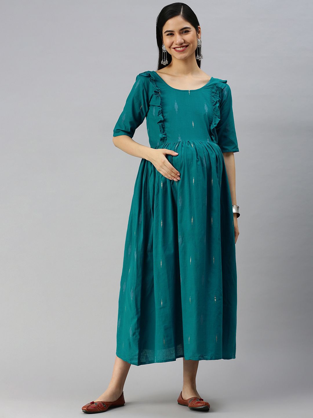 

Swishchick Ethnic Motifs Print Maternity Fit and Flare Midi Dress, Turquoise blue
