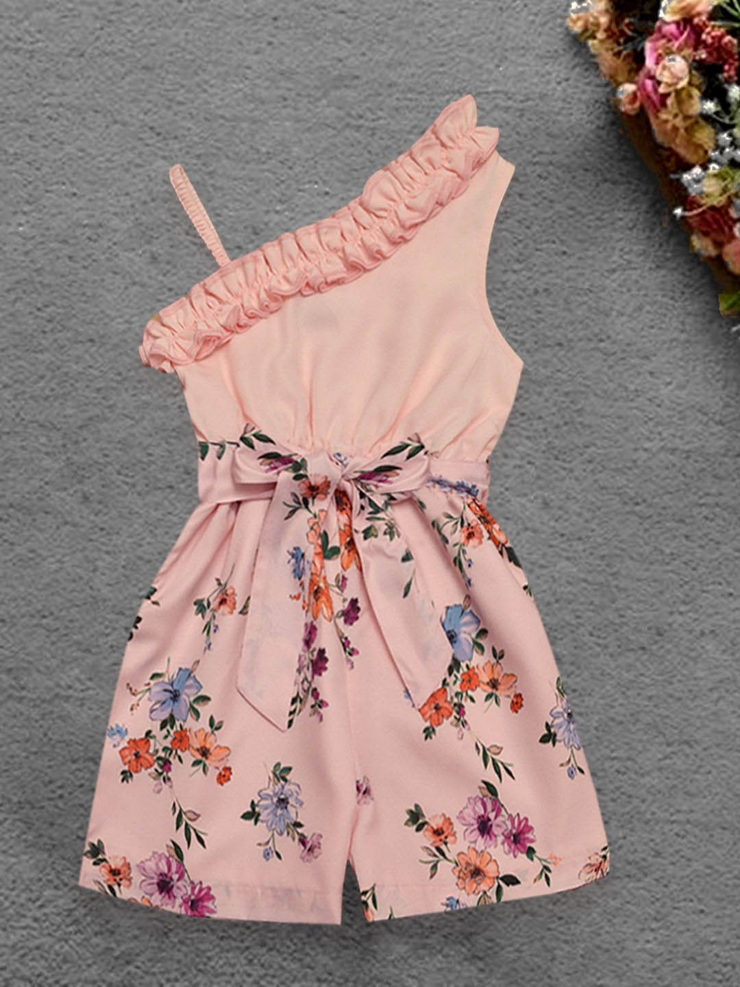 

A.T.U.N. Girls Floral Printed One Shoulder Romper, Peach