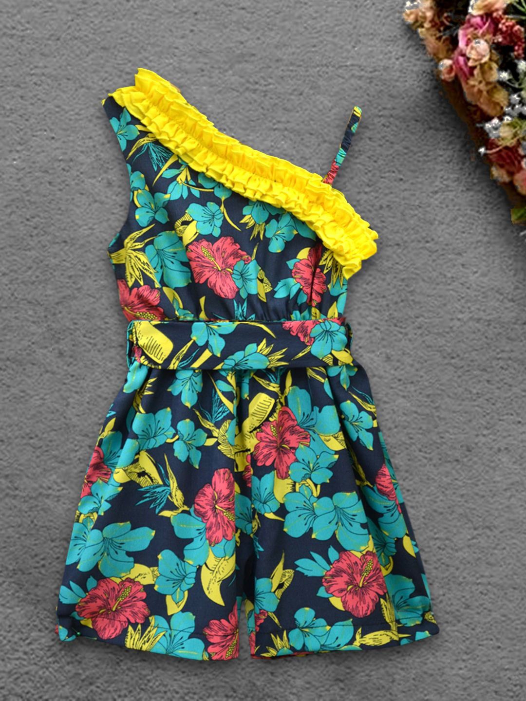 

A.T.U.N. Girls Floral Printed One Shoulder Romper, Teal