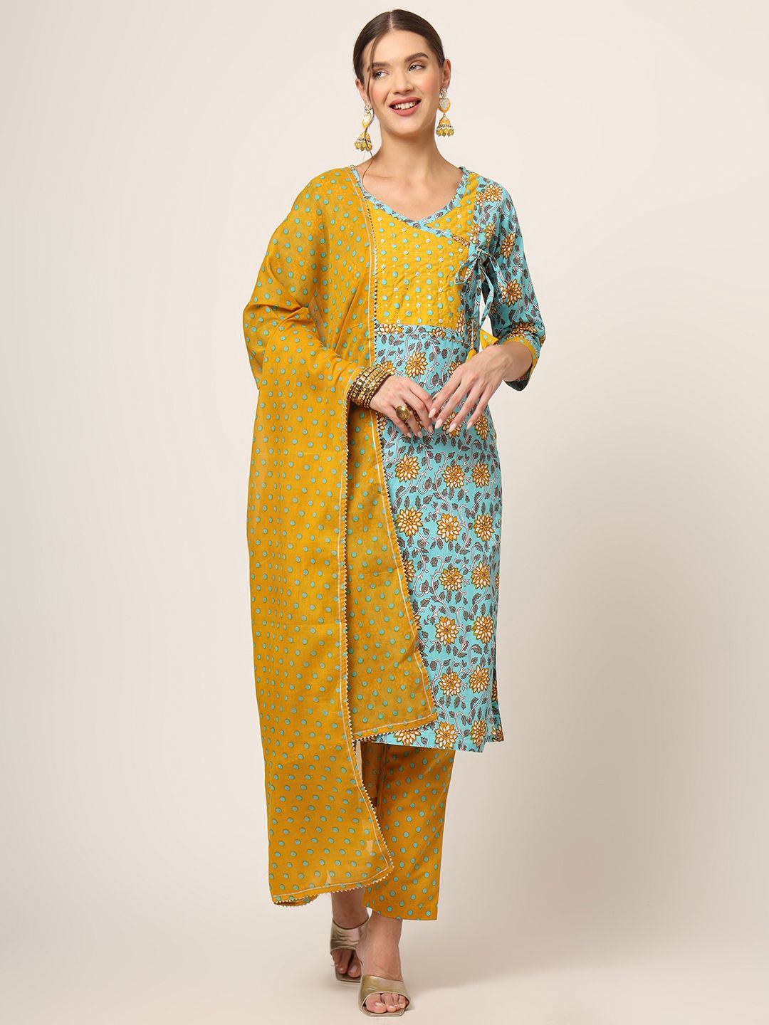 Divena Floral Printed Gotta Patti Pure Cotton Angrakha Straight Kurta & Trousers & Dupatta, Blue