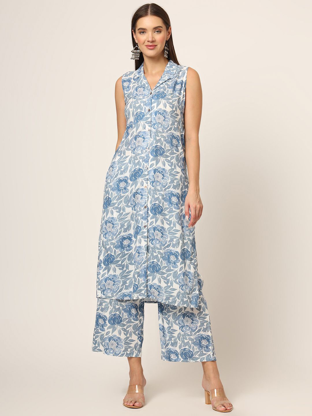 

Divena Floral Printed Lapel Collar Sleeveless Straight Kurta With Trouser, Blue