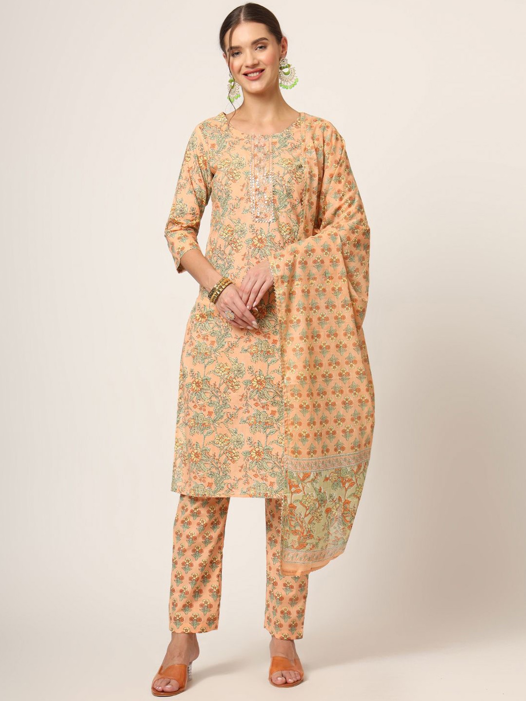 

Divena Floral Printed Gotta Patti Pure Cotton Straight Kurta With Trousers & Dupatta, Peach