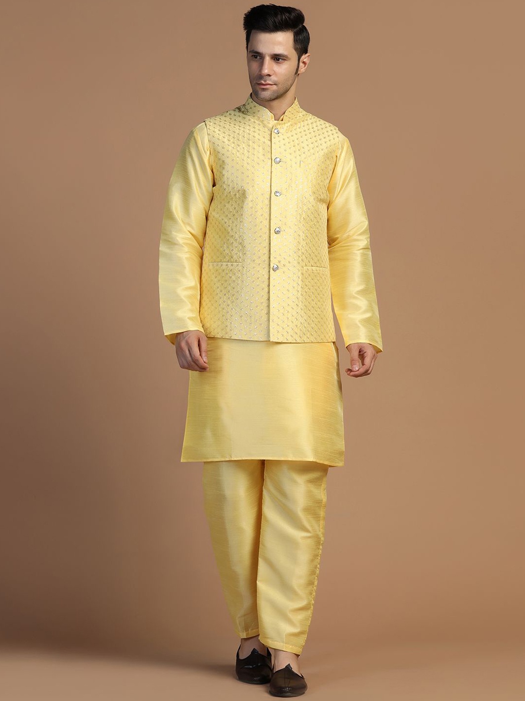 

TAHVO Mandarin Collar Dupion Silk Straight Kurta With Trouser & Embroidered Nehru Jacket, Yellow