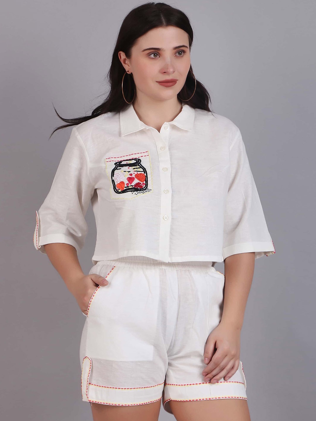 

Dressitude Embroidered Pure Cotton Shirt With Shorts, White